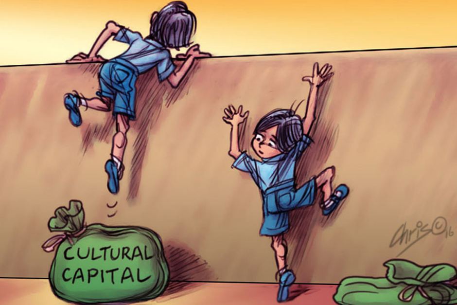 Cartoon of children climbing a wall by standing on a bag labelled Cultural Capital
